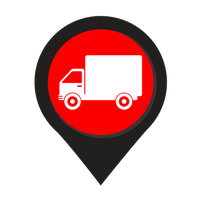 image of truck icon on a red background in a black location marker