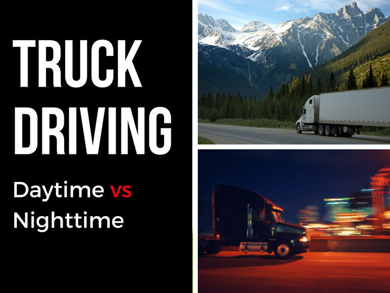 two pictures of trucks driving with the words "truck driving daytime vs nighttime"