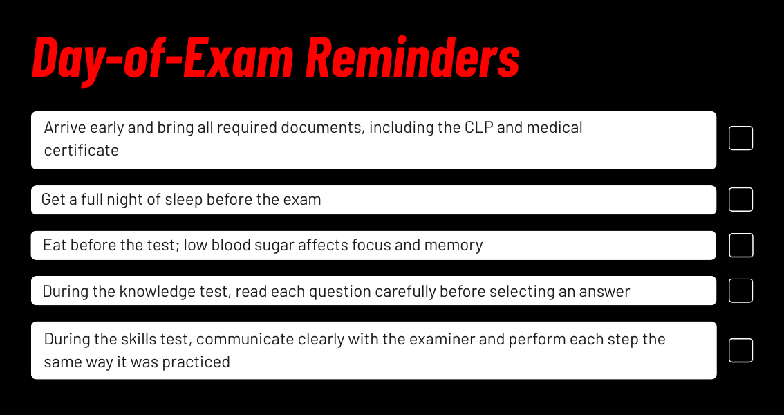 Checklist of Day of Exam reminders