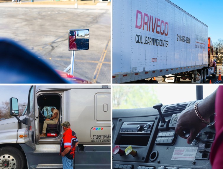 Collage of images: semi truck mirror, DriveCo trailer, hand on semi truck controls on dashboard, instructor looking at driver sitting inside truck cab