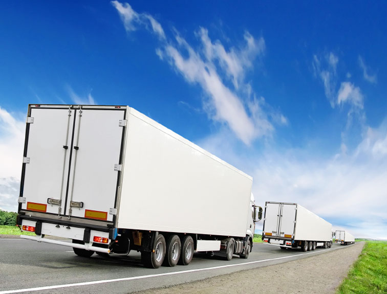 Image of three white semis driving down the road.