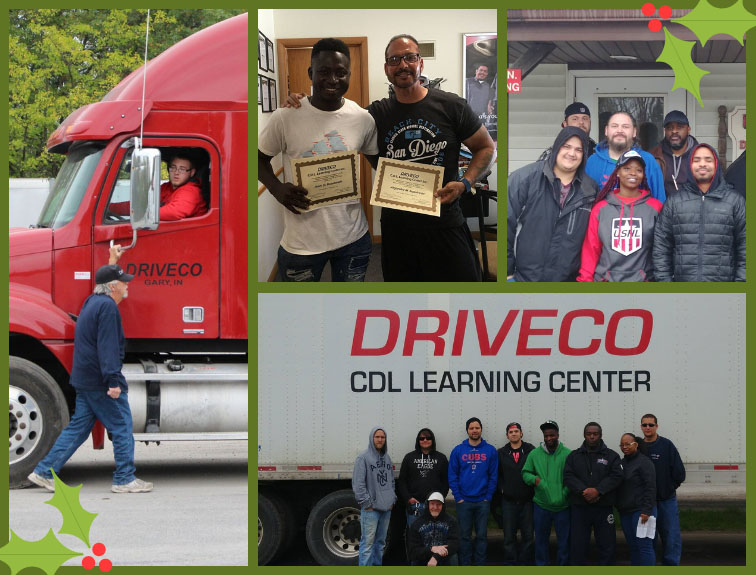 image of college of driveco truck and different groups of students