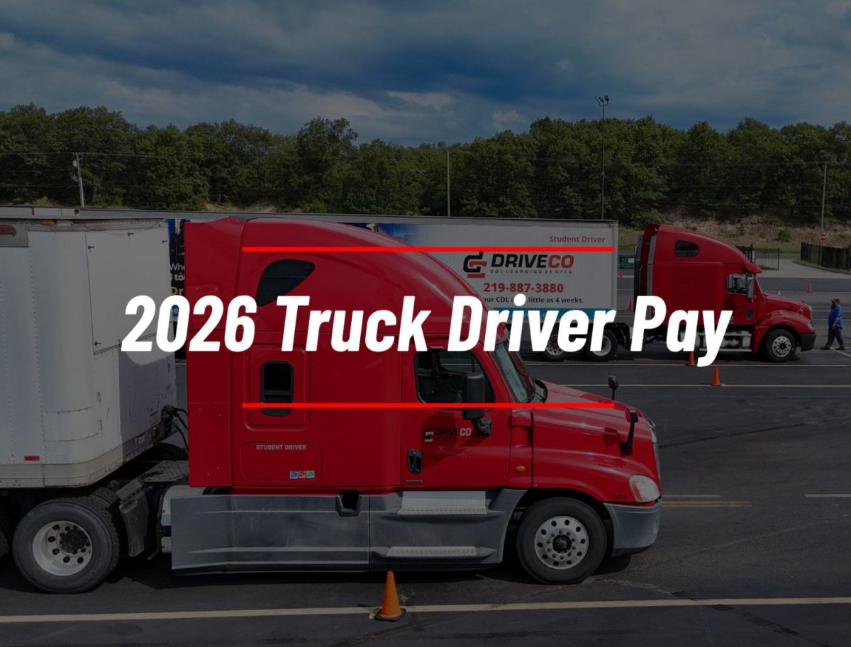 DriveCo trucks in background of text overlay, "2026 Truck Driver Pay"