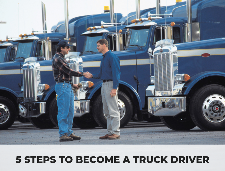 Two men shaking hands in front of a row of trucks