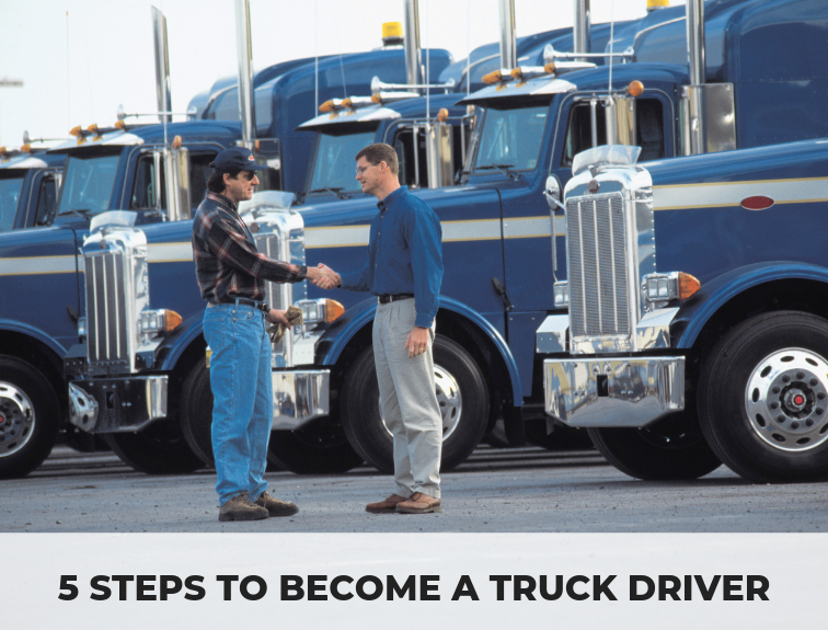 image of two men shaking hands in front of a row of blue trucks. Text at bottom reads "5 steps to become a truck driver"