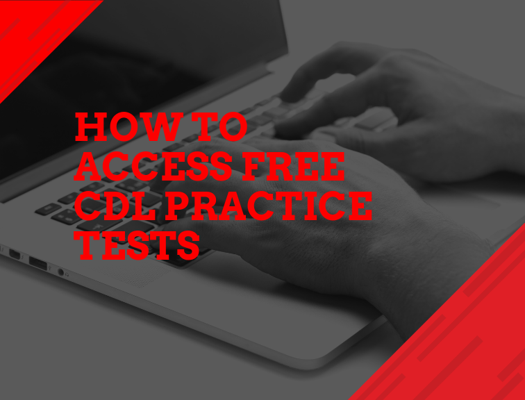 image of hands using keyboard, red text on top reads "How To Access Free CDL Practice Tests"
