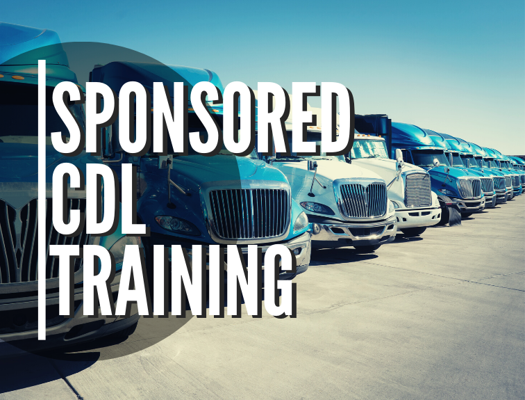 image of blue and white trucks in a row. Text overlay reads "Sponsored CDL training"