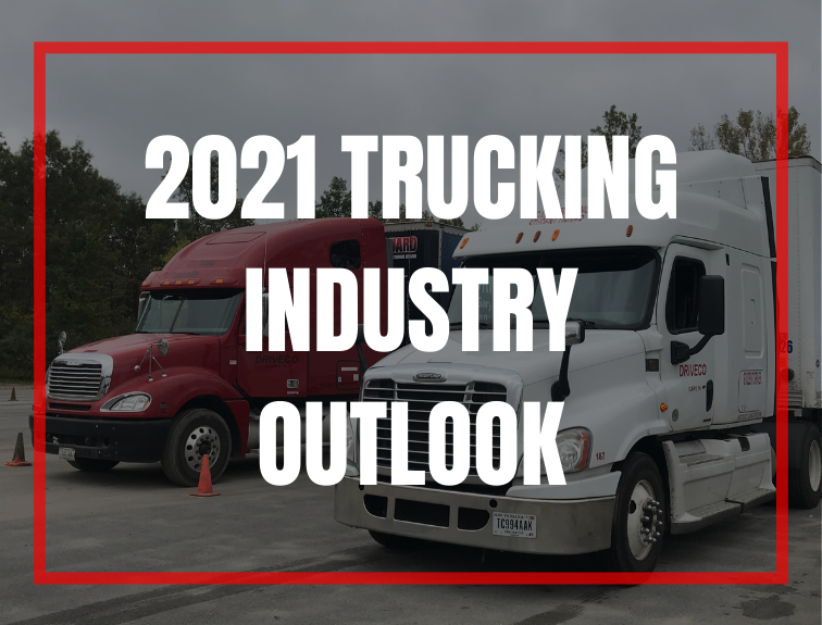 image of two DriveCo trucks with text over image that reads "2021 trucking industry outlook"